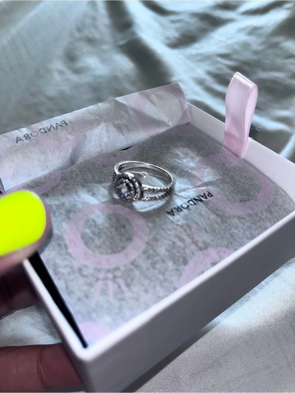Pandora Sterling Silver Ring with Pink Accents and Halo Pavé